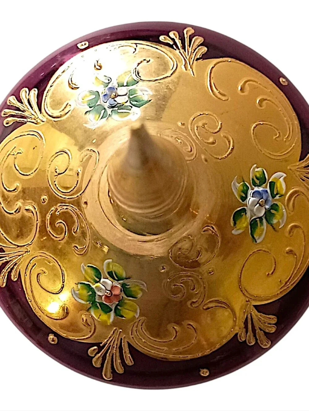 Vtg Amethyst Glass Trinket Dish‎ Pedestal Finial Lid Vanity Gold Gilt Candy Jar